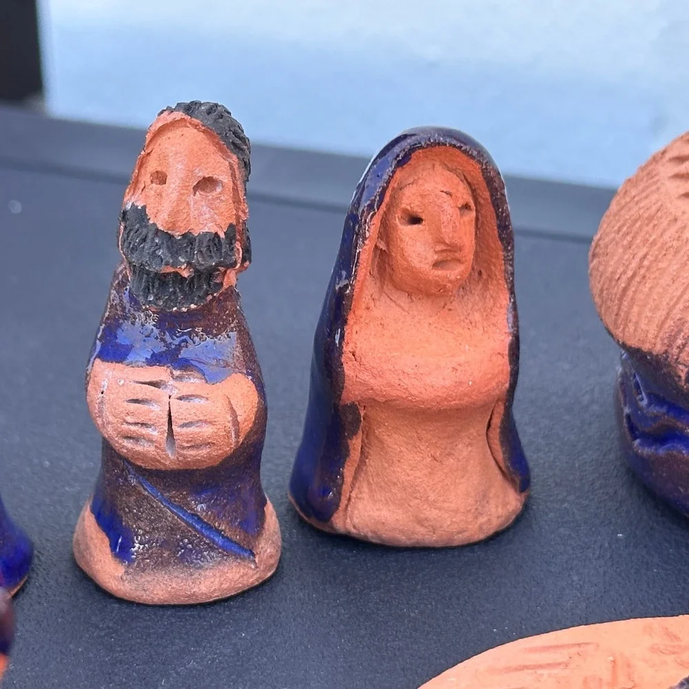 Blue Glaze Terrracota Mexican Nativity Set Folk Art Hand Painted Pottery 11 Pcs